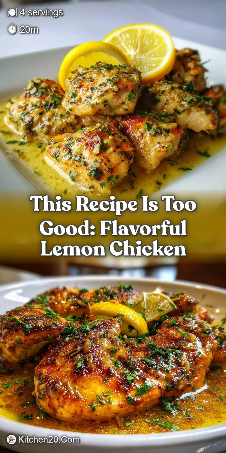 Close-up of glistening, browned lemon garlic chicken; tender, juicy and flavorful with specks of herbs.