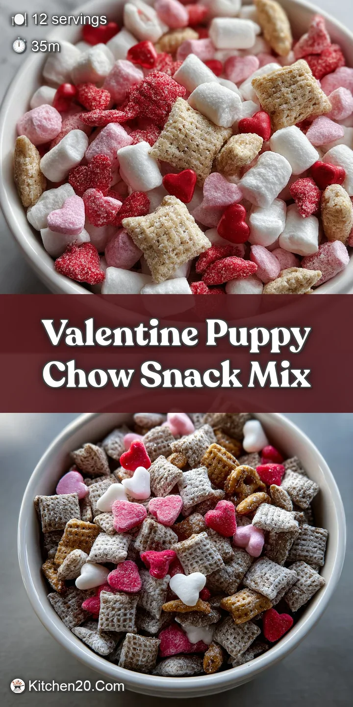 Close-up reveals the crackled, sugary coating on Puppy Chow cereal, a mix of pastel pink and bright white with heart confe...