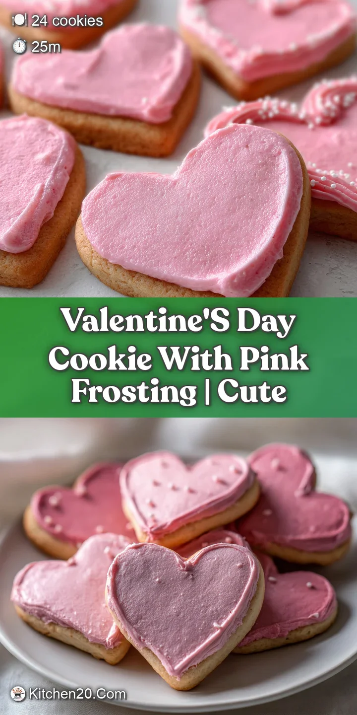 Close-up of a frosted heart cookie. Soft, sweet pink frosting with a swirl and colorful sprinkles on a buttery cookie.