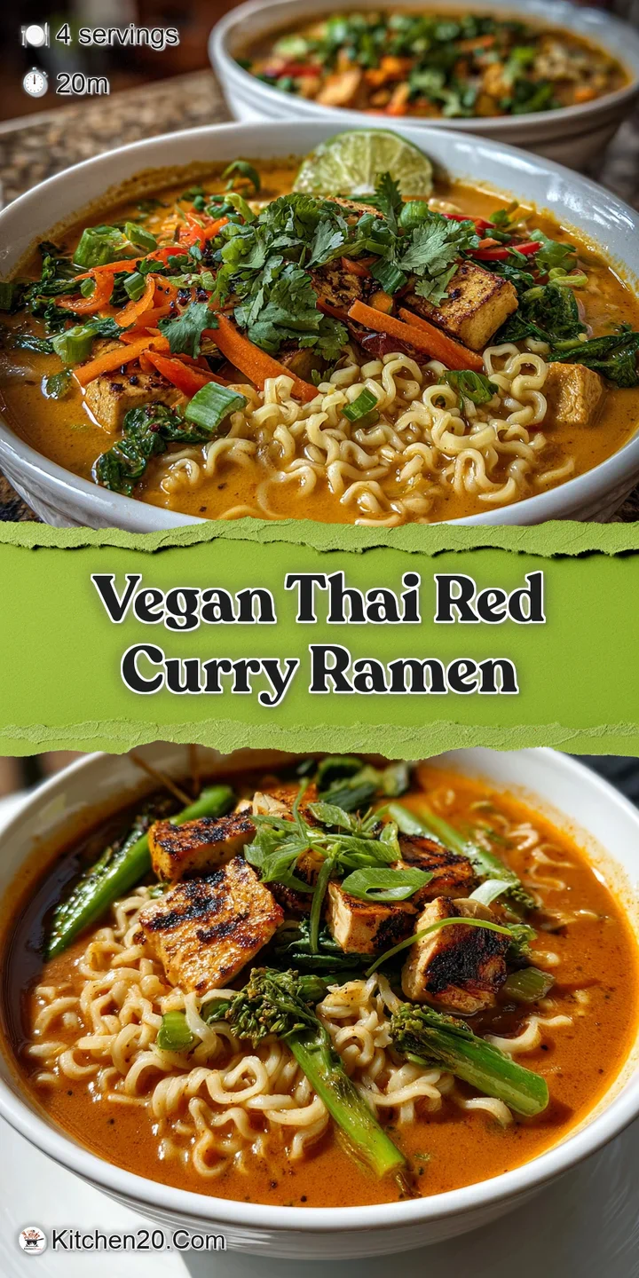 Close-up of glistening ramen noodles in a rich red curry broth, dotted with colorful vegetables and a sprinkle of fresh ci...