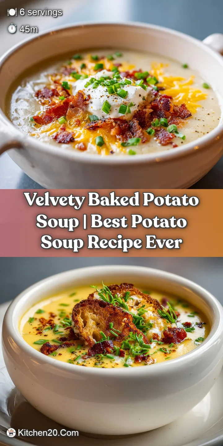 Close-up shot showcasing the rich, creamy texture of potato soup with melted cheese, crisp bacon and fresh, green chives.