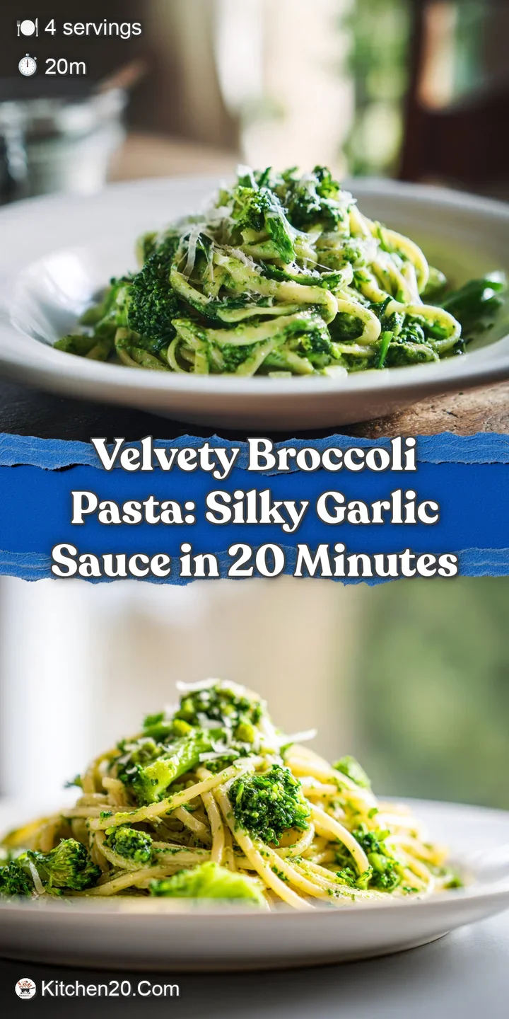 Close-up of creamy broccoli pasta, highlighting the rich green color of the broccoli and the velvety smooth texture of the...