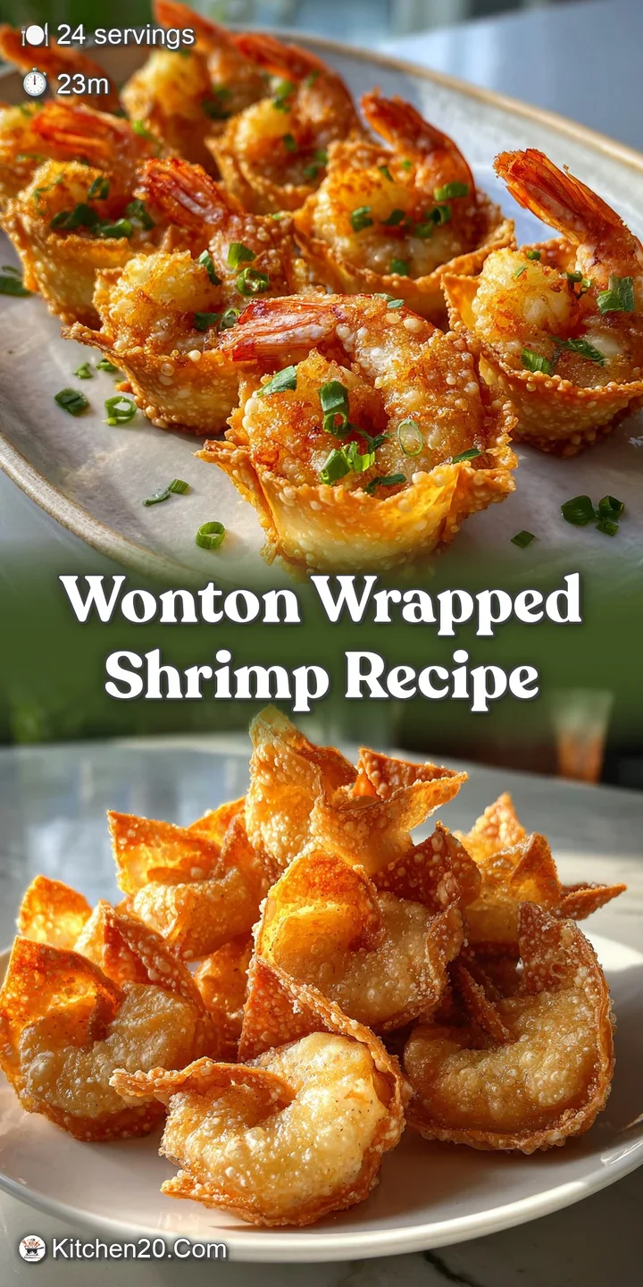 Close-up of glistening, golden-fried wonton shrimp. Crispy, flaky texture is visible, accented by a vibrant dipping sauce.