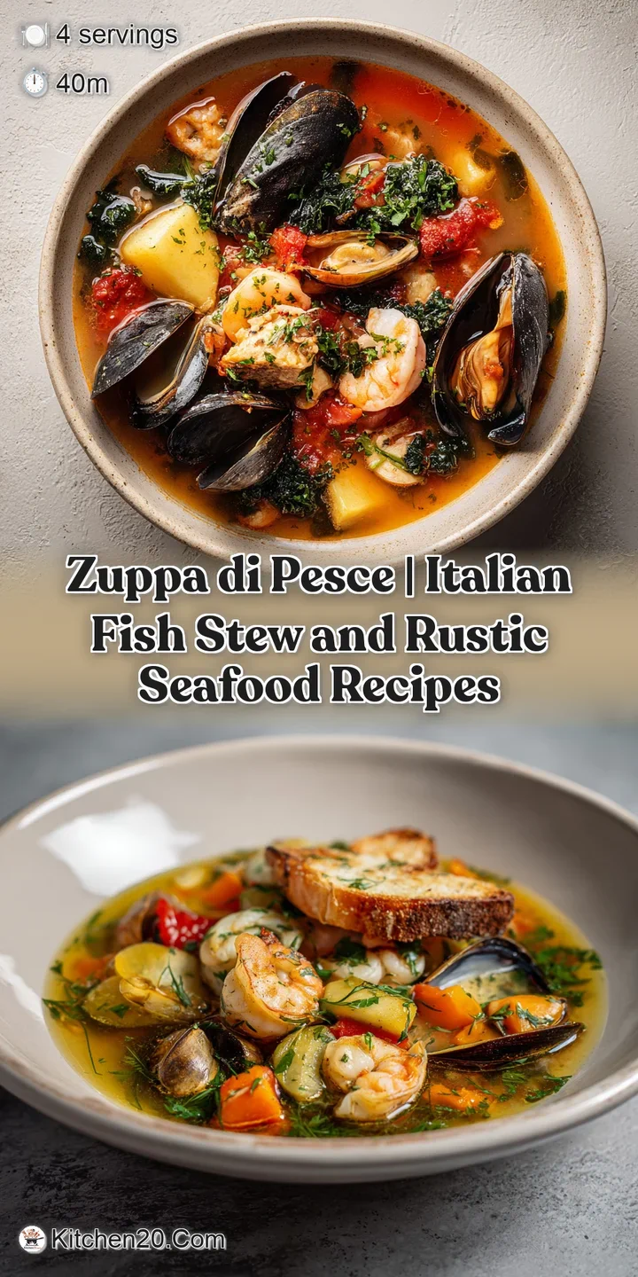 Close-up of a rich, ruby-red zuppa di pesce, revealing glistening scallops and a hint of steam rising from the aromatic br...