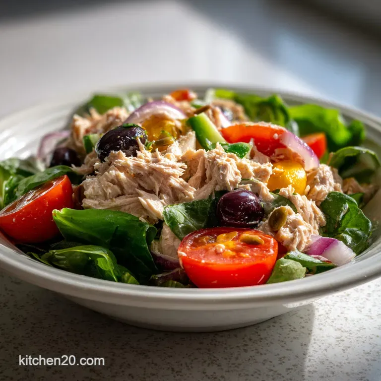 Neatly arranged tuna salad plate: bright greens of lettuce, flaky tuna mix, and golden toasted bread triangles.