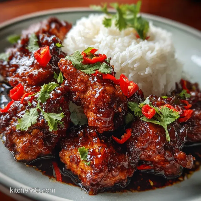 A juicy, glazed chicken thigh on a white plate, garnished with scallions and sesame. Side of fluffy white rice steams gen...