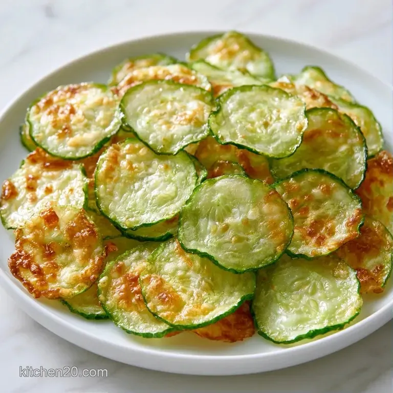 Neatly stacked golden cucumber rounds next to a creamy dip, garnished with a sprinkle of fresh green herbs.