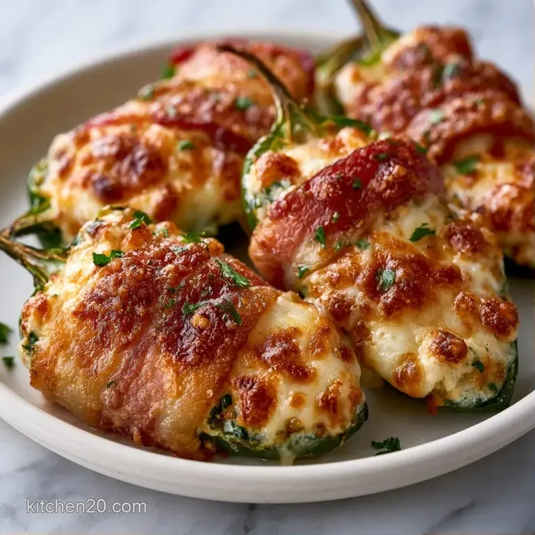 Roasted green peppers wrapped in crisp bacon, neatly arranged on a dark platter with a small bowl of white dip.