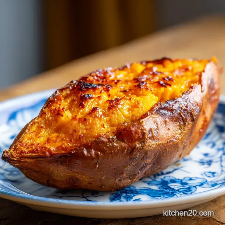 A perfectly baked sweet potato half, golden-brown skin, served with a dollop of creamy topping.