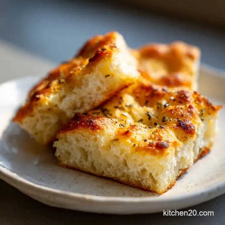 A slice of warm, airy focaccia with a crisp crust, drizzled with balsamic glaze and rosemary sprigs.
