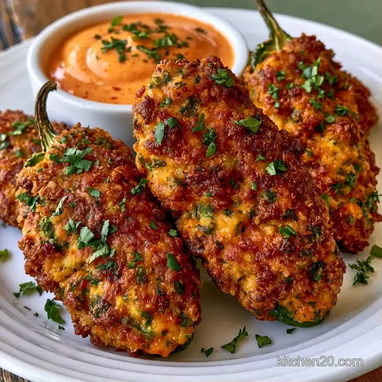 Golden breaded peppers arranged on a rustic wooden board next to a small bowl of creamy white dipping sauce.