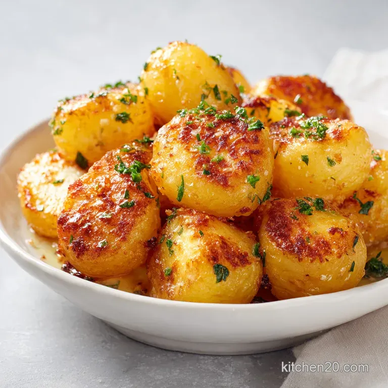 Lemon potatoes plated, sprinkled with parsley, glistening with lemon juice, next to a bowl of creamy tzatziki sauce.