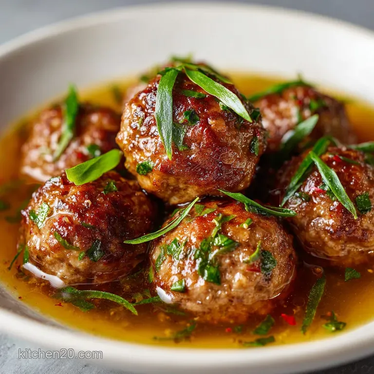 A deep ceramic bowl of savory meatball soup topped with fresh cilantro and a lime wedge on a rustic linen cloth.