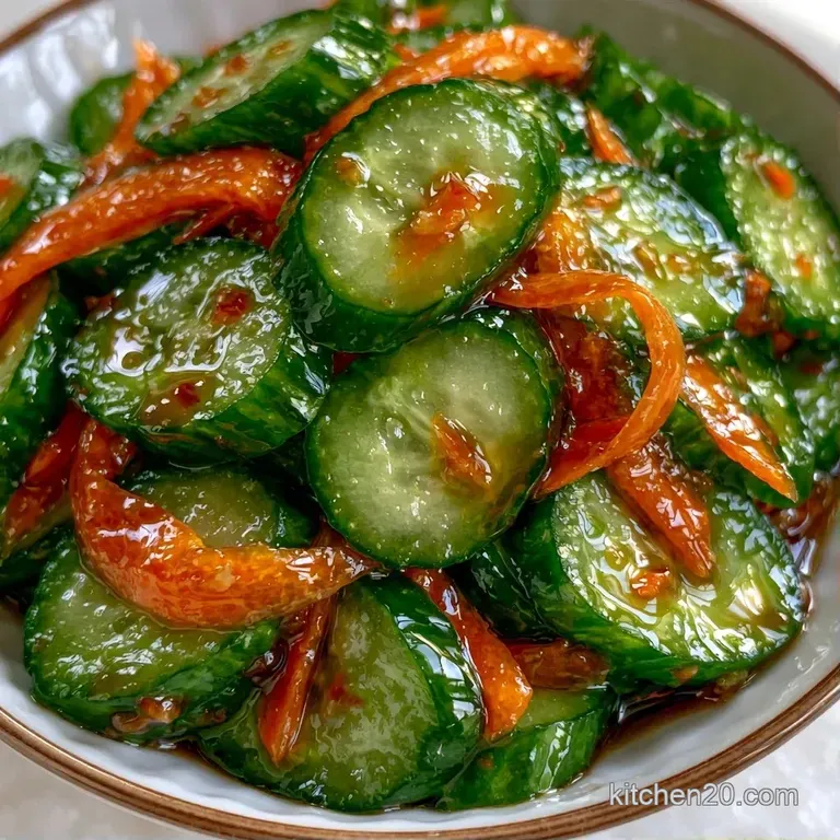 Crisp julienned carrots and cucumbers coated in a glossy dressing, garnished with toasted white sesame seeds.