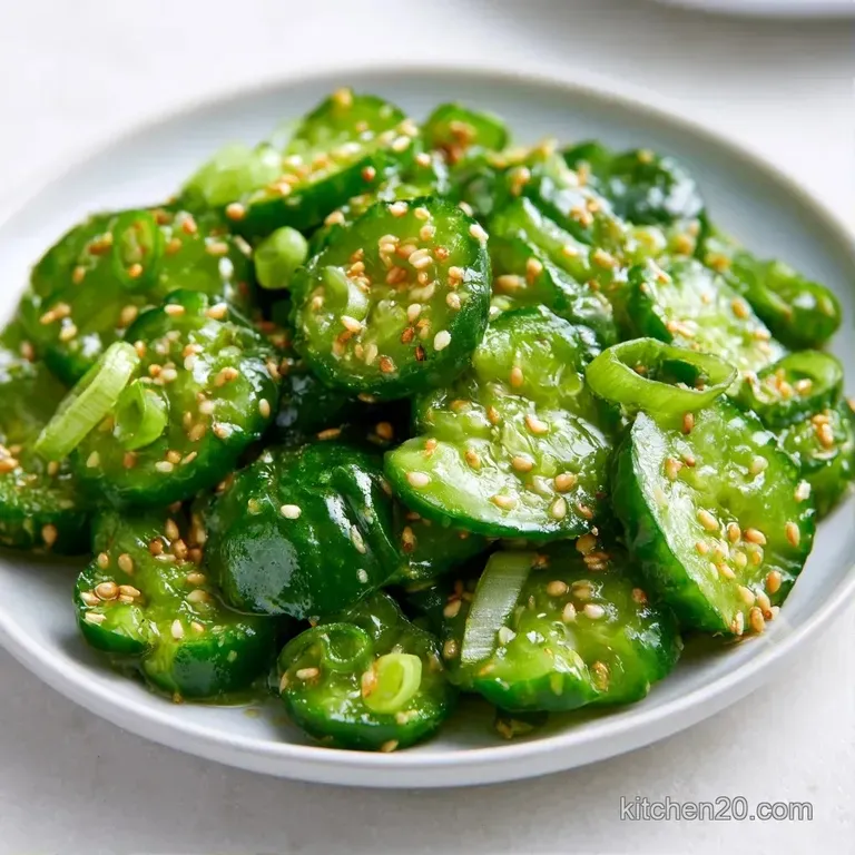 Thinly sliced cucumbers tossed in a glossy brown glaze, topped with fresh scallions on a dark slate platter.