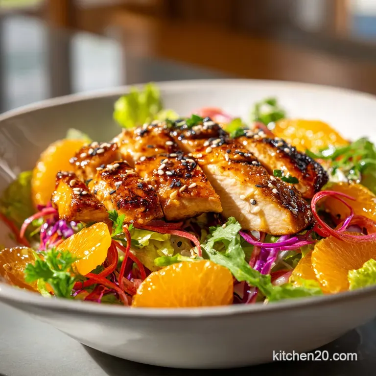 Sesame chicken salad artfully arranged on a white plate; colorful vegetables and chicken create an appealing, balanced meal.