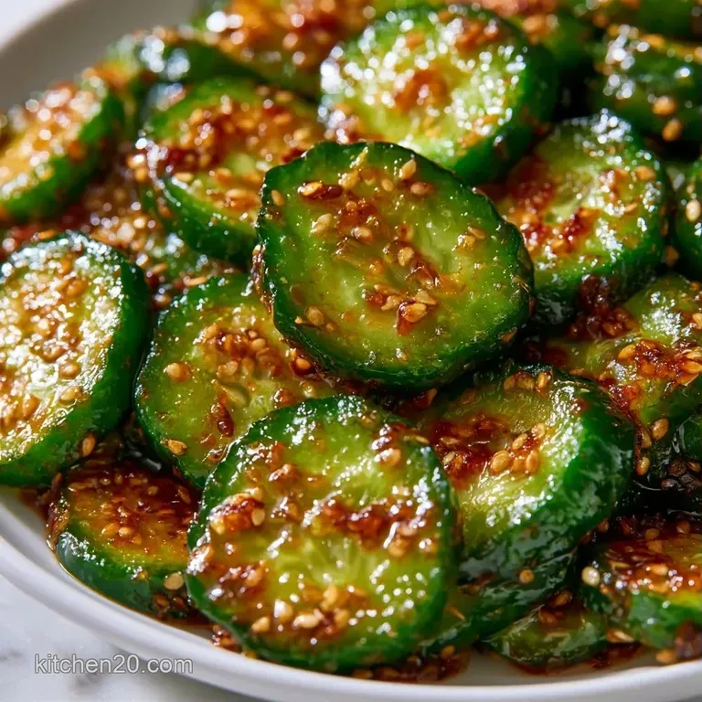 Thinly sliced cucumbers arranged neatly on a white plate, topped with black sesame seeds and red chili flakes.