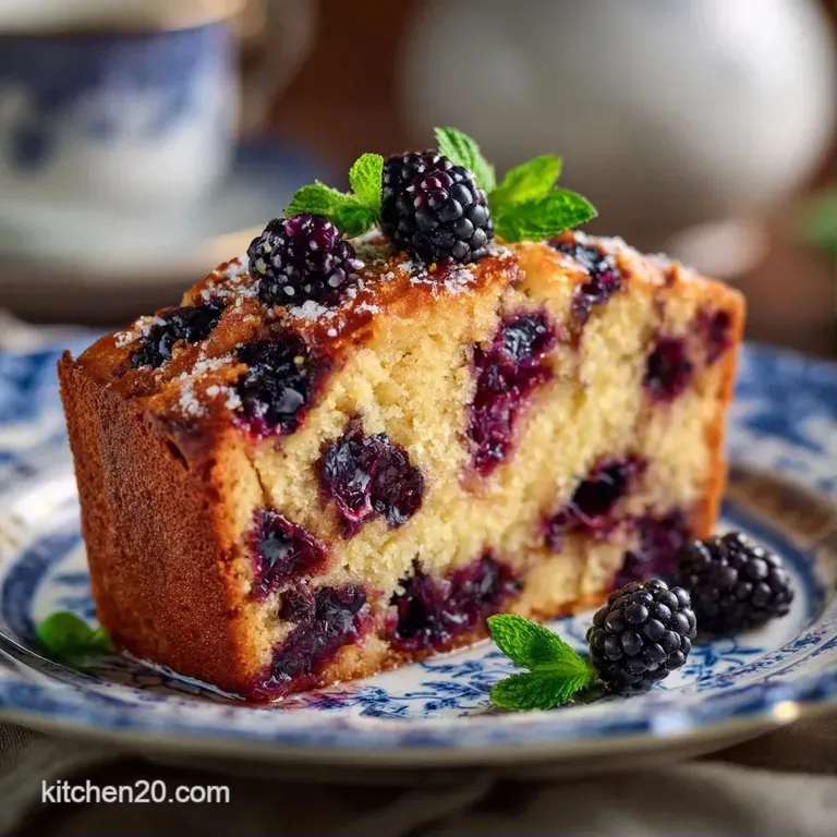 A thick slice of purple-swirled cake on a white ceramic plate, dusted with powdered sugar and fresh berries.