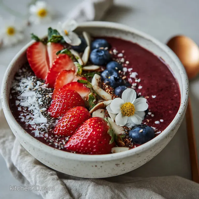 Acai smoothie bowl topped with sliced banana, kiwi, and a dusting of coconut flakes. Served with a spoon, ready to be enjo...