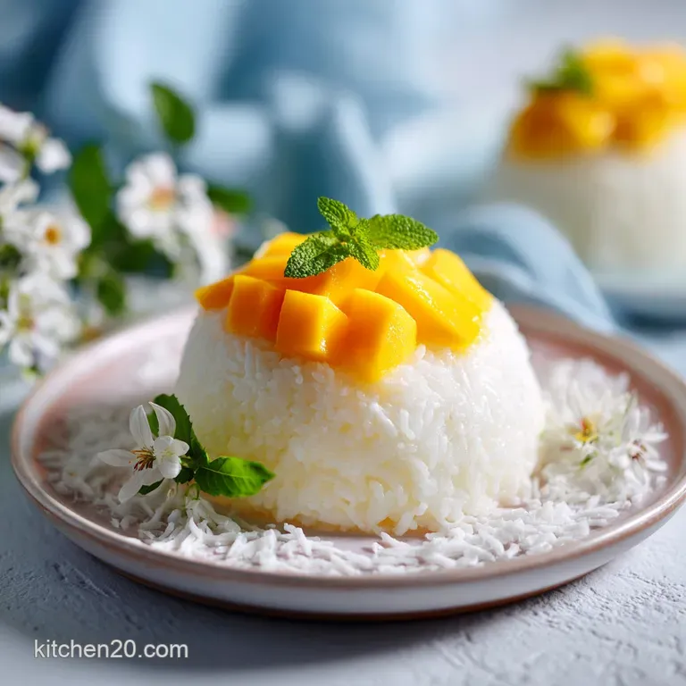 Artfully arranged mango sticky rice on a dark plate, a swirl of coconut cream, and mint garnish.