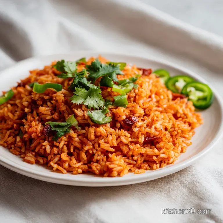 A neat mound of fluffy red rice in a white ceramic dish, garnished with fresh cilantro sprigs.