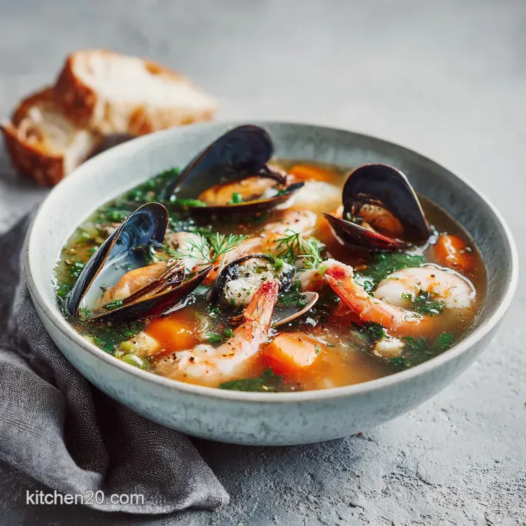 A generous ladleful of steaming seafood stew, showcasing tender mussels and bright red shrimp, elegantly served in a ceram...