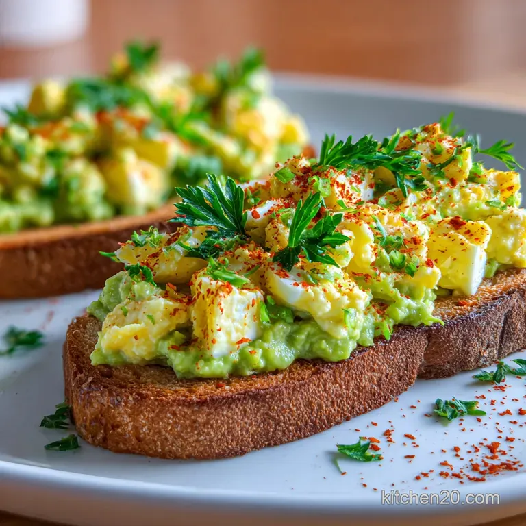 Creamy avocado egg salad piled high on toasted bread. Garnished with microgreens and a sprinkle of red pepper flakes.