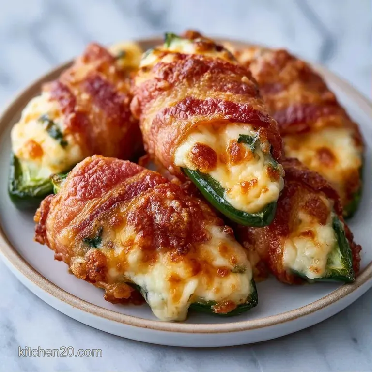 Bacon-wrapped spicy peppers arranged on a white plate with a small bowl of creamy white dipping sauce.