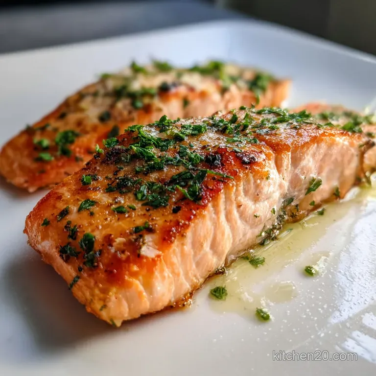Elegant salmon fillet atop vibrant greens. Sprigs of dill and lemon slices add a fresh pop. Glossy glaze suggests rich fla...