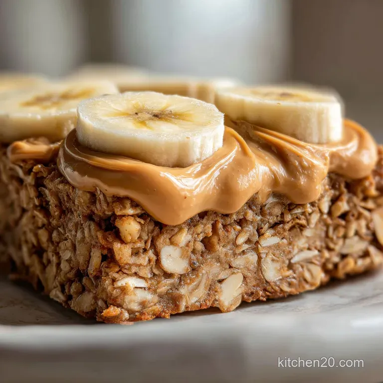 Slice of chewy banana oatmeal bar with visible peanut butter chunks, presented on rustic plate with a sprinkle of cinnamon.