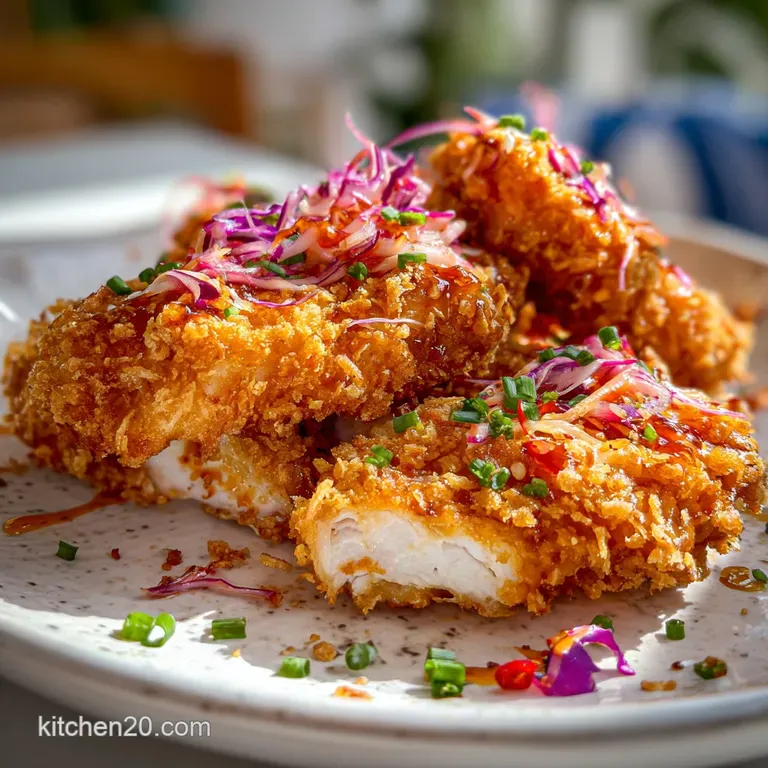 Crispy chicken bathed in luscious sauce, artfully plated on white dish with fluffy rice and vibrant green vegetable side.