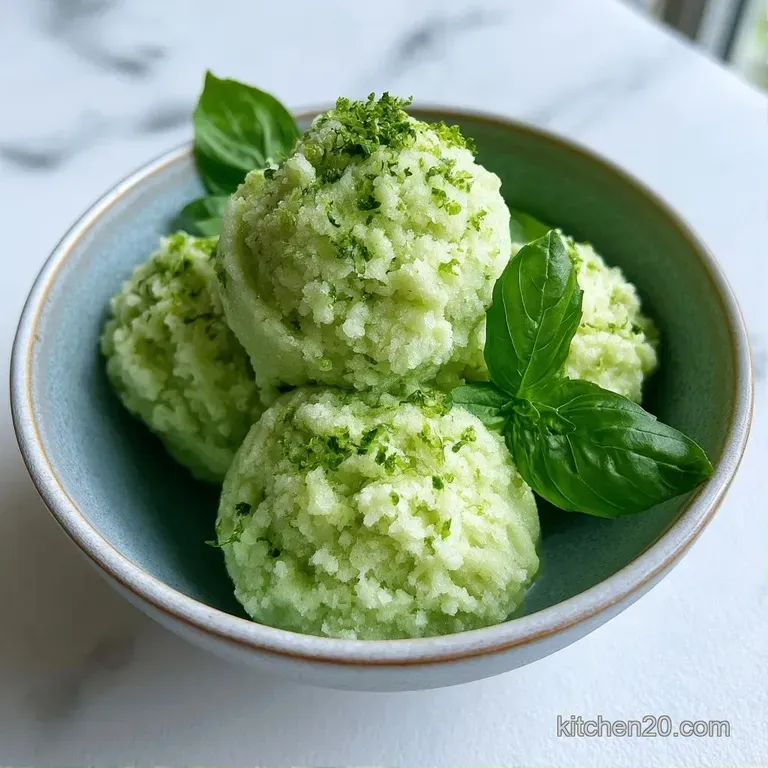 Pale green frozen scoops in elegant crystal coupes, accented with thin lime slices and a sprinkle of fresh herbs.