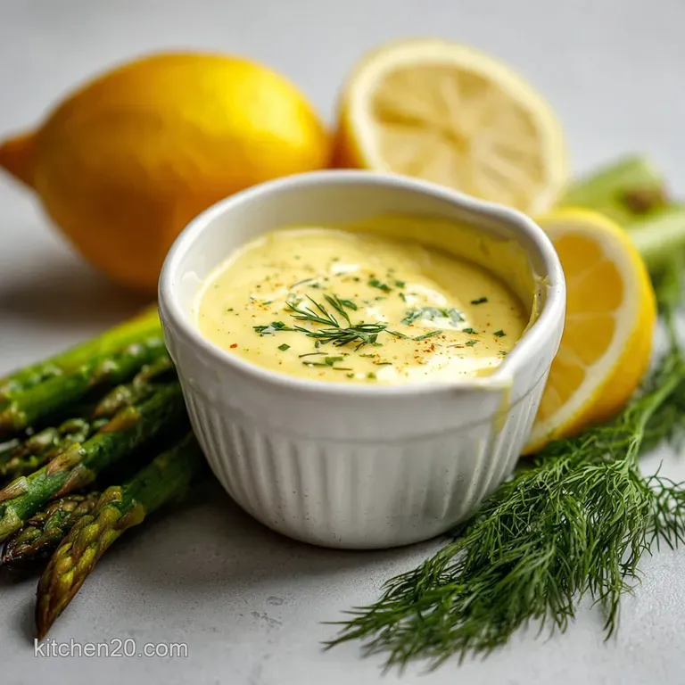 Elegant swirl of creamy, light-yellow B&eacute;arnaise sauce cascading over vibrant green asparagus spears on a bright white plate.