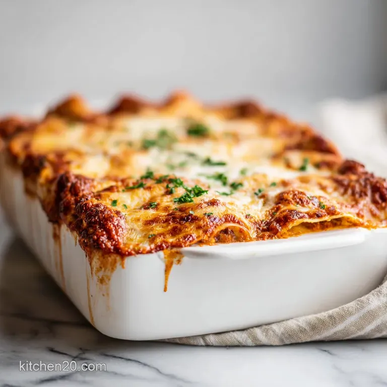 A neat square of layered tortilla bake on a white plate, topped with creamy avocado and vibrant red salsa.