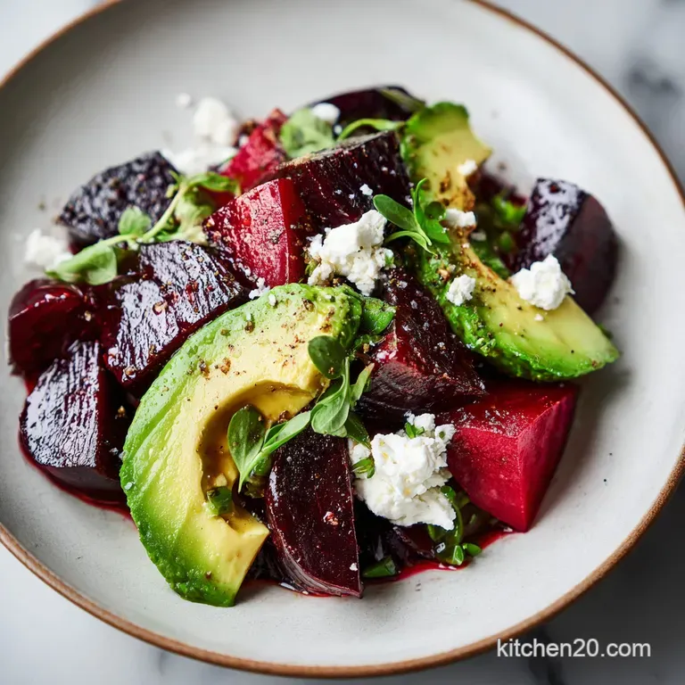 A colorful composed salad: earthy beets, rich avocado, tangy feta, and greens, artfully arranged on a white plate, invitin...