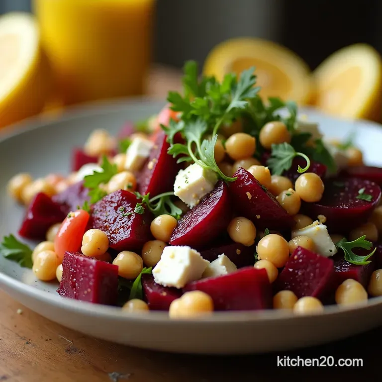 Jeweltoned Beet Chickpea and Feta Salad with Zesty Lemongarlic Dressing presentation