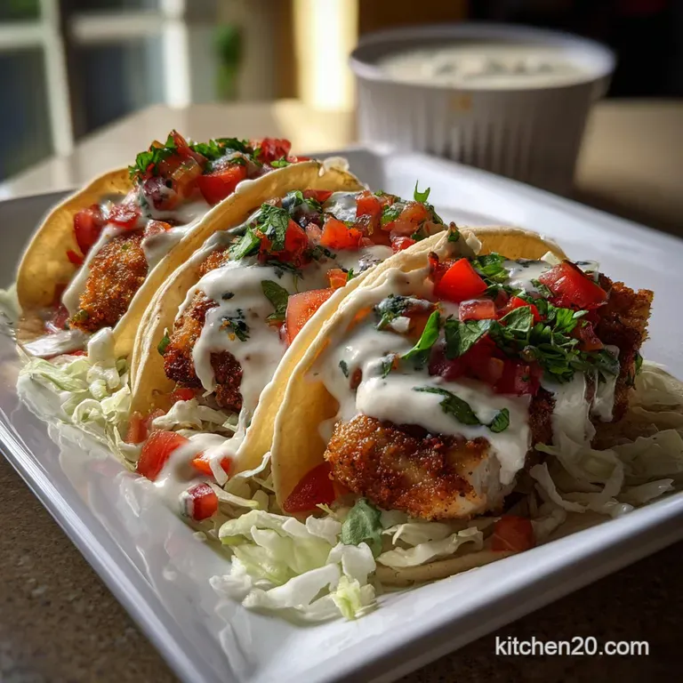 Flaky, golden-crusted fish tacos, vibrant slaw, creamy white sauce, and lime wedges arranged artfully on a dark plate.
