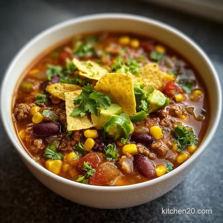 Elegantly served taco soup in a rustic bowl, topped with a dollop of sour cream and vibrant green cilantro sprigs.