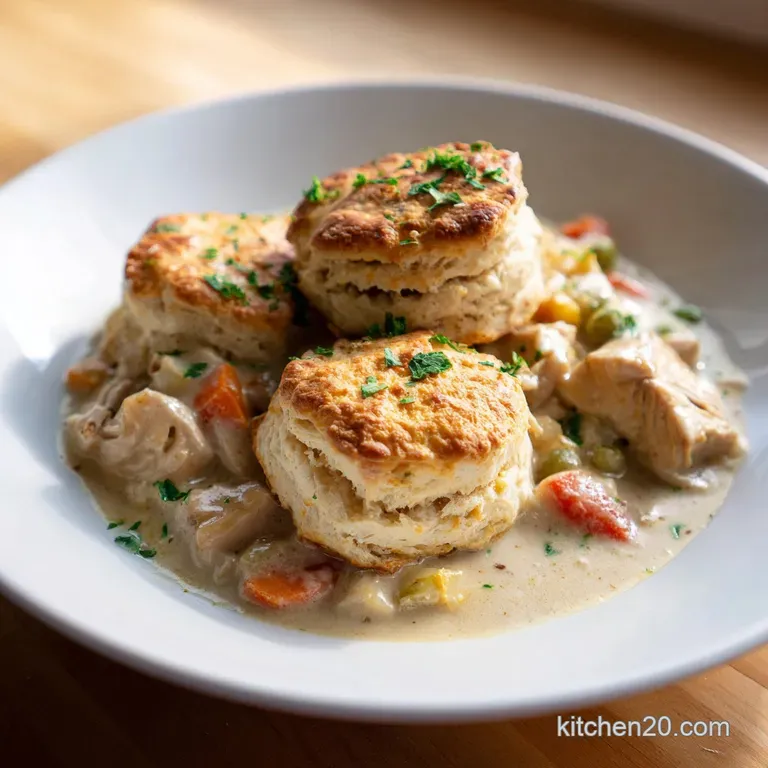 Individual pot pie, golden biscuits tilted. Creamy filling oozes slightly. Fresh thyme sprig garnishes. Rustic, comforting...