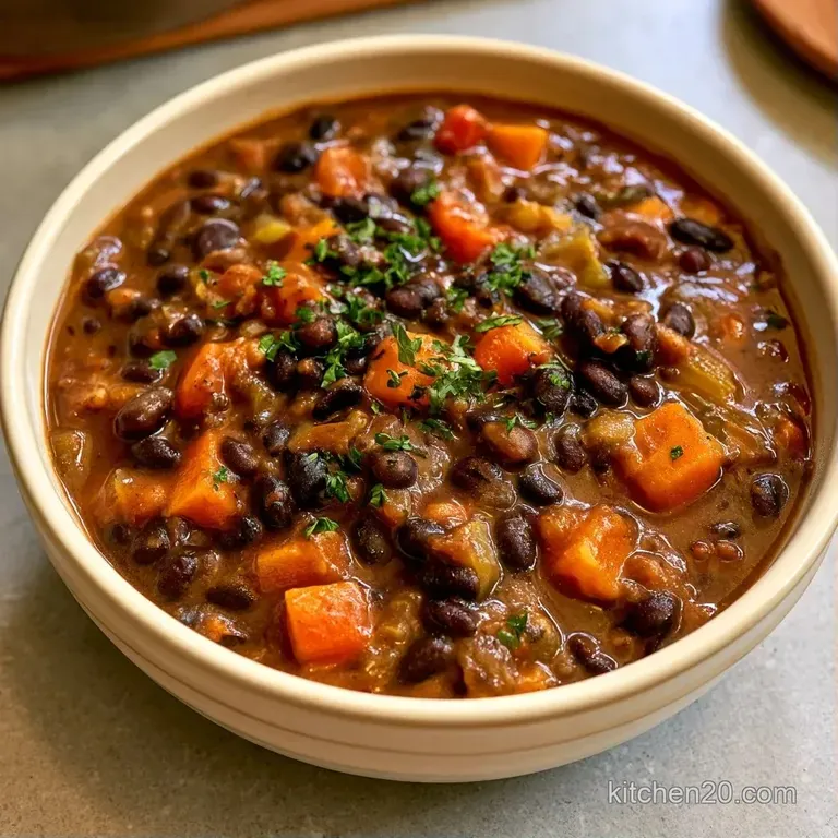 Elegant white bowl of dark bean soup topped with diced avocado, fresh cilantro, and a bright yellow lime wedge.