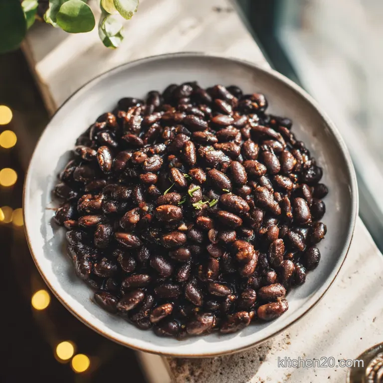 A rustic bowl overflowing with smoky black beans, garnished with a lime wedge and parsley.