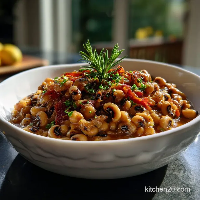 Creamy black-eyed peas artfully arranged in a shallow bowl, garnished with a swirl of fresh herbs and a drizzle of olive oil.