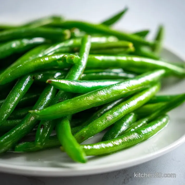Perfectly arranged mound of blanched green beans, vibrant green, steam rising gently, against a clean white backdrop.