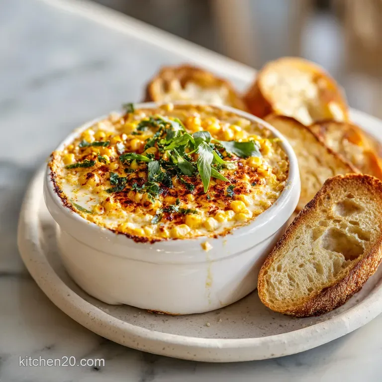 Blistered corn dip in a rustic bowl, vibrant green cilantro sprigs, served beside a pile of golden tortilla chips.
