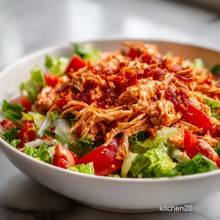 Plated creamy chicken salad served on a bed of crisp mixed greens with vibrant tomato slices and toasted bacon bits.