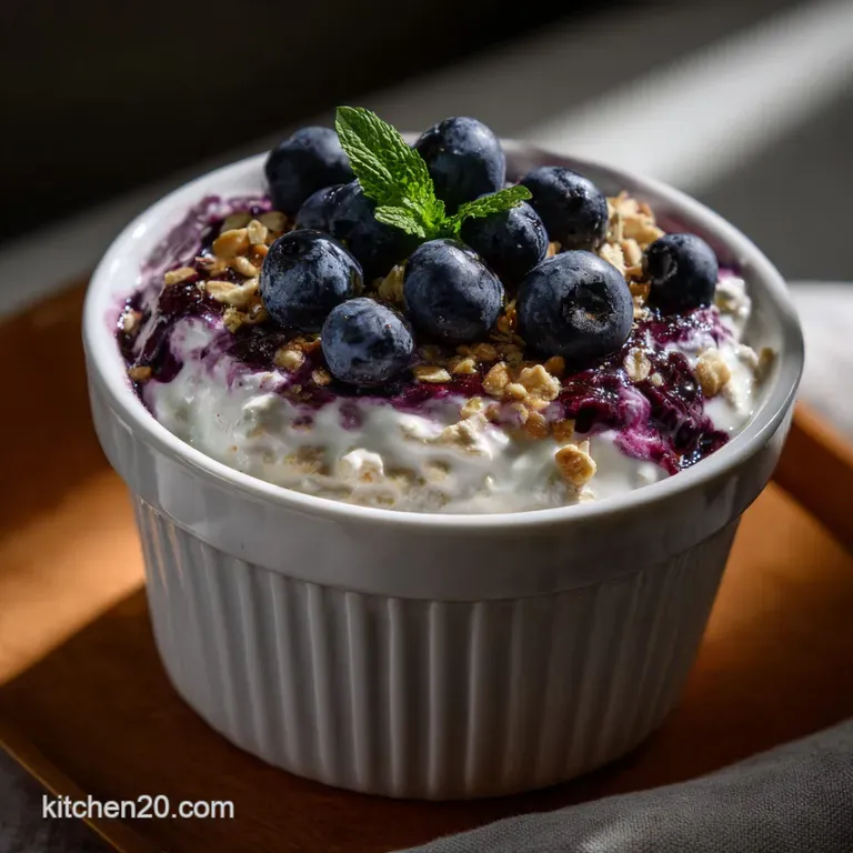 Layered blueberry overnight oats in a glass jar, topped with granola, fresh berries, and mint. A pretty, convenient breakf...
