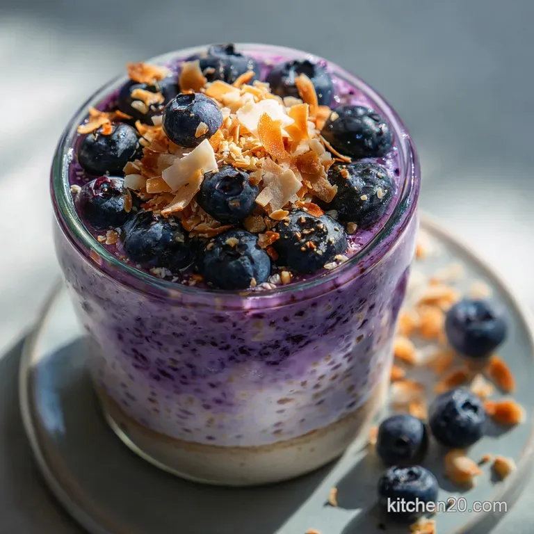 Elegant glass bowl filled with layered blueberry overnight oats. Notice creamy texture, fresh berries, and sprinkle of cru...