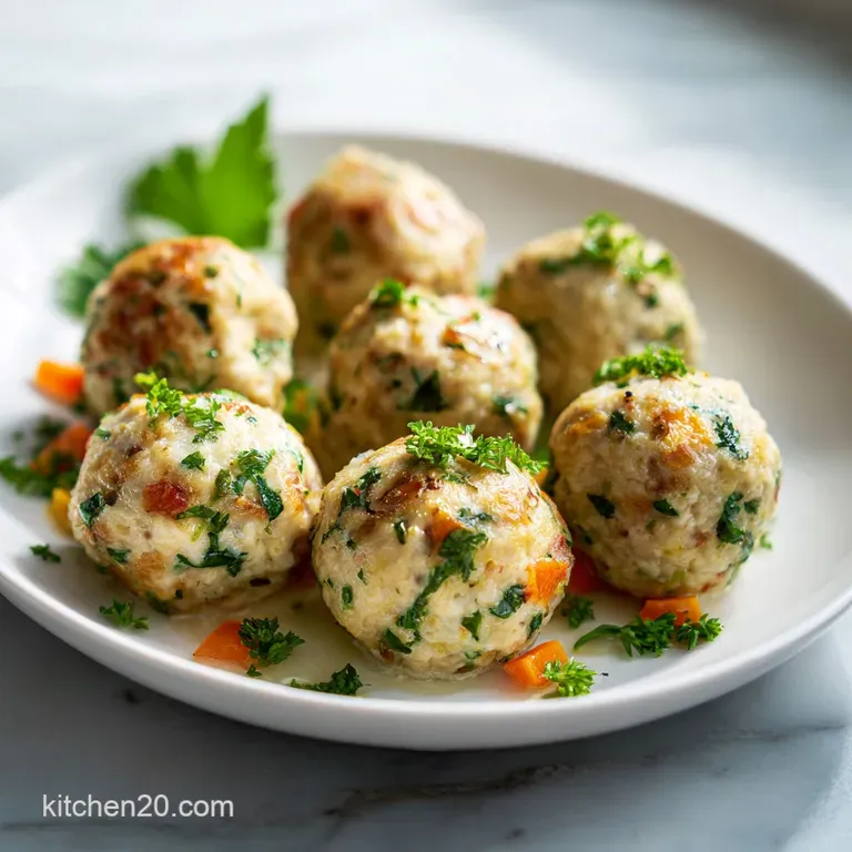 Three glossy meatballs nestled on creamy polenta, dusted with parmesan. A bright sprig of basil adds freshness.
