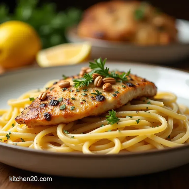 Bright Breezy Lemon Chicken Linguine with Toasted Pine Nuts presentation