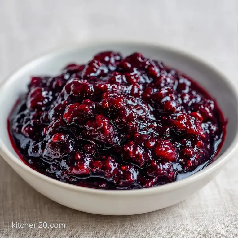 Rich, dark burgundy preserves spread on a warm, toasted sourdough slice beside a small silver serving spoon.